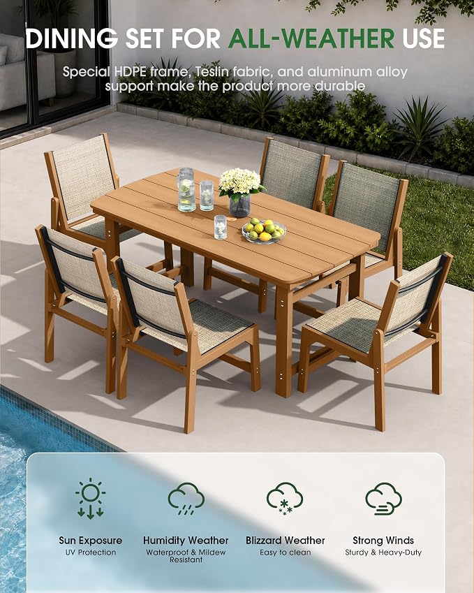 HDPE Outdoor Patio Dining Set with Table & 4 Stackable Armless Textilene Chairs, All-Weather 5-Piece Dining Table Set with Umbrella Hole, Patio Furniture for Garden, Poolside, Backyard, Deck | Teak