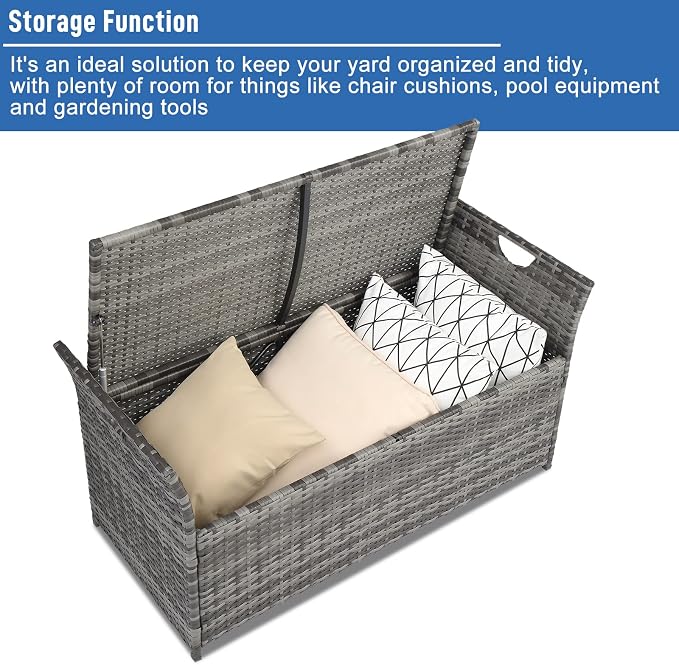 Outvita Outdoor Storage Box, Patio Rattan Storage Bench with Cushion for Backyard, Balcony, Poolside, Garden (Gray)