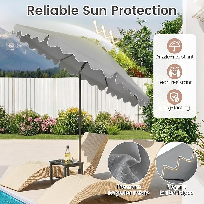 Tangkula 9 FT Solar Patio Umbrella with Base Included, 2-Tiers Outdoor Scalloped Table Umbrella with 32 LED Lights, 2 Sandbags, Tilt Adjustment, Crank, 8 Ribs for Market Backyard Pool Deck Beach Lawn