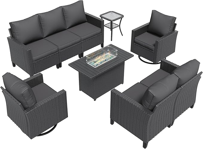 Amopatio Patio Furniture Set, 6-Piece Wicker Outdoor Sectional Sofa with Swivel Rocker Chairs, Rattan Conversation Set with Fire Pit Table and Waterproof Cover for Backyard Black/Dark Grey