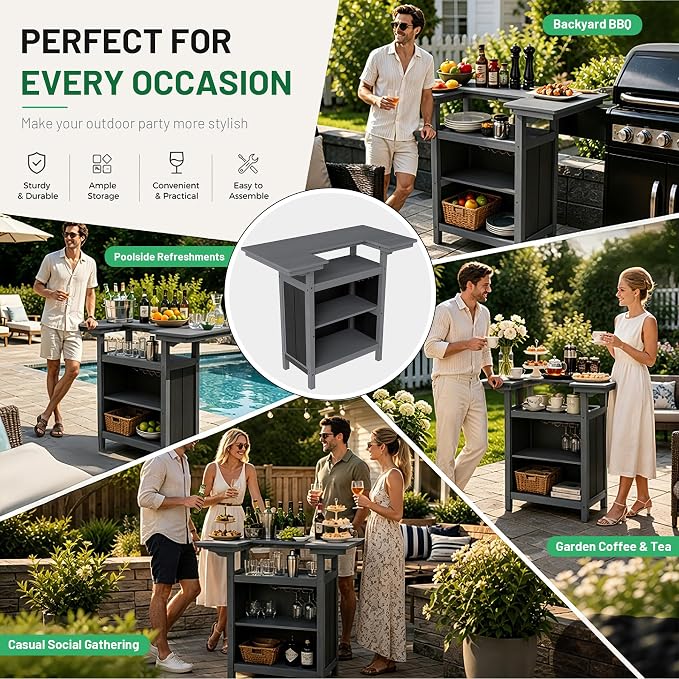 Domi Outdoor Bar Table, All-Weather HDPE Outdoor Kitchen Island with 4-Tier Storage Shelves, Patio Bar with Spacious Tabletop for Backyard, Poolside & BBQ, Grey