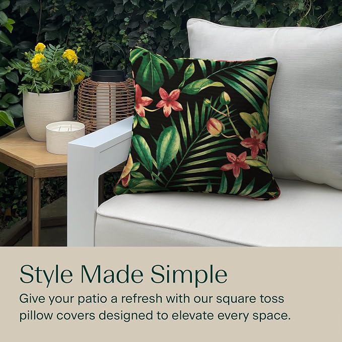 Honeycomb Outdoor Square Toss Pillow Covers, 18 x 18, 2-Pack | Oahu Tropical Black Slipcovers, Water & Fade Resistant for Patio Furniture Set, Cover Only, No Insert