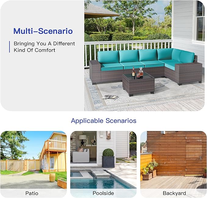 Patio Furniture Set 6 Pieces Outdoor Sectional Sofa Set,PE Rattan Wicker Patio Conversation Set with Thickened Cushions and Glass Coffee Table,Blue
