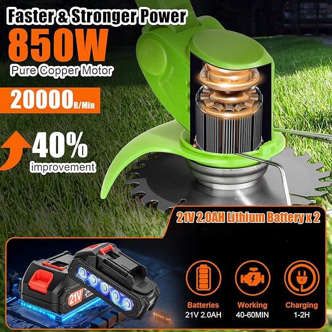 Electric Weed Wacker Cordless with Wheels, 2pcs Batteries&4 Types Blades,Lightweight, Low Noise 21V Battery Powered Weed Wacker, 3-in-1 Grass Trimmer/Brush Cutter/Edger, for Thick Weeds&Yard Garden