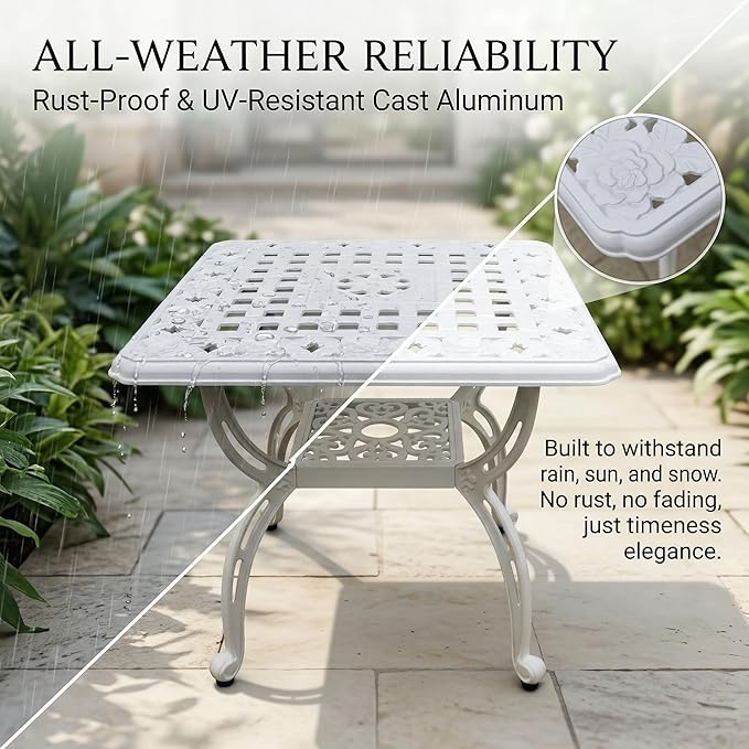 Square Outdoor Coffee Table, Cast Aluminum Side Table with Storage,Indoor End Table, All-Weather Bistro Table for Patio Garden Lawn,White