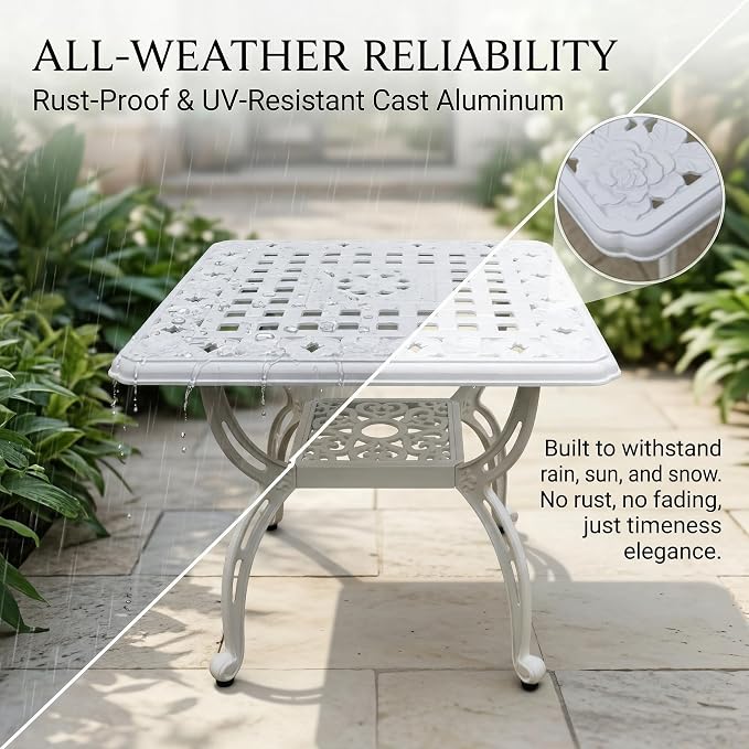 Square Outdoor Coffee Table Set of 2, Cast Aluminum Side Table with Storage,Indoor End Table, All-Weather Bistro Table for Patio Garden Lawn, White