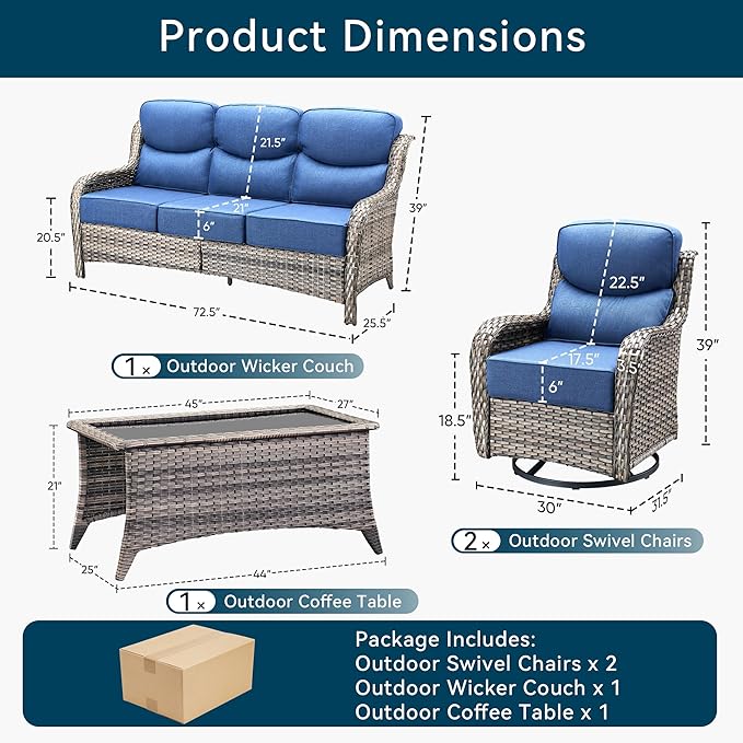 Luxury 4 Pieces Patio Furniture Set-Outdoor Swivel Rocker Patio Chairs with 6" Extra Thick Cushions, High Back Outdoor Couch and Coffee Table, Wicker Conversation Sets for Porch Deck(Grey/Blue)