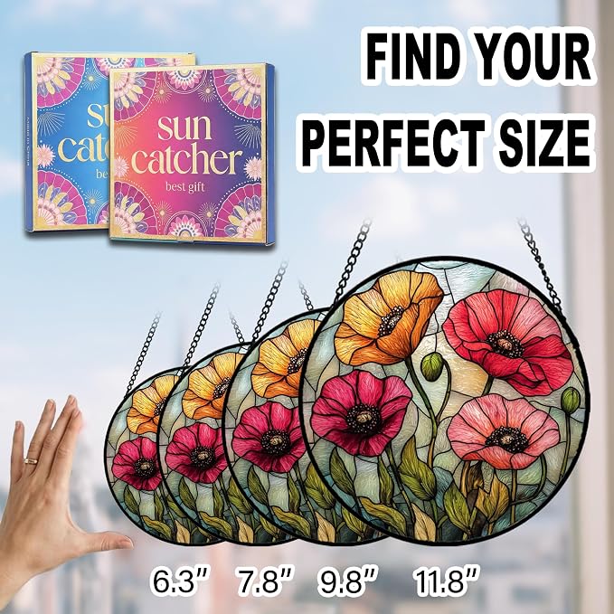 Floral Theme Gifts for Mom - Poppy Flower Faux Stained Glass Window Hanging Sun Catcher for Door Garden Acrylic Decor Mother's Day Birthday for Women Nana Friend Men Grandma 6.3"
