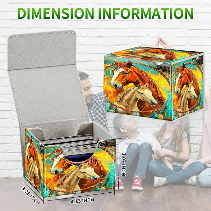 Card Deck Box for MTG, Cards Storage Box Fits 120+ Sleeved, Leather Small Size Strong Magnetic Closing Card Case for Board Games Magic TCG Baseball Collection, Two Horses Paving Dream Net