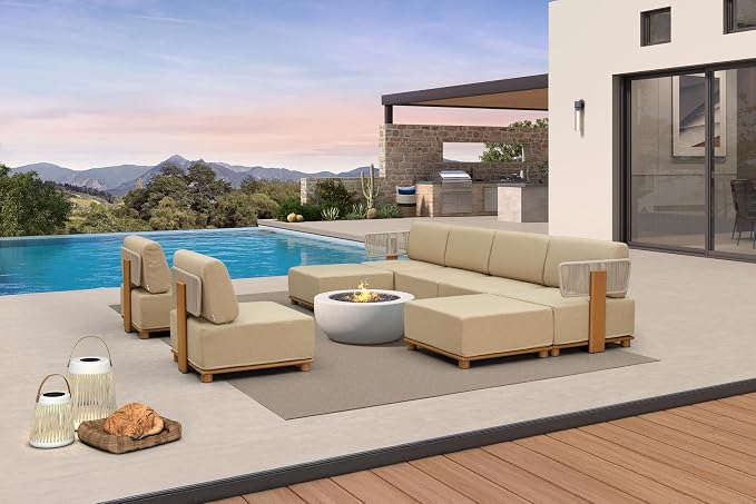 PURPLE LEAF Patio Furniture Set Modular Enclosed Outdoor Sectional Sofa with 11" Thick Olefin Cushion 8-Piece Outdoor Conversation Set with Ottomans & White Lights for Backyard Garden Poolside, Beige