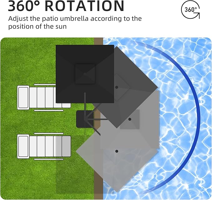 JZAC & QZYD 9x9 FT Outdoor Cantilever Patio Umbrella with Solar LED Lights, Large Heavy Duty 2-Tier Canopy Square Aluminum Offset Umbrellas with 360-Degree Rotation for Pool Deck Backyard, Black