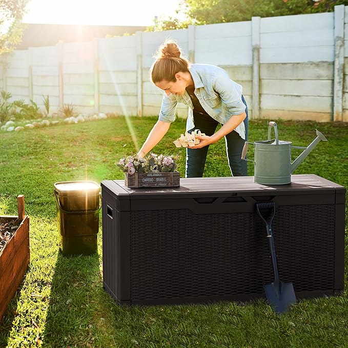 Greesum 100 Gallon Deck Box and Suncast 33 Gallon Outdoor Trash Can Storage Bundle for Patio Furniture, Garden Tools, and Pool Supplies