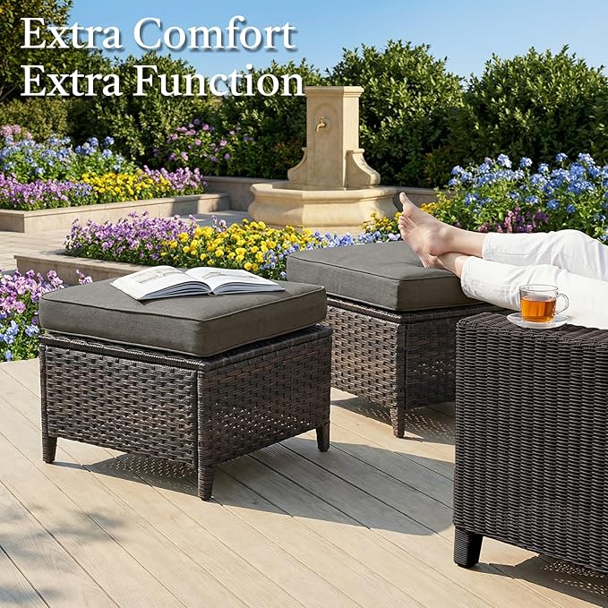 6 Piece Patio Furniture Set with Ottoman - All Weather Patio Conversation Set with 4 Inch Thick Cushions and Deep Seating Swivel Glider Chairs & Outdoor Couch for Porch Deck Yard Pool