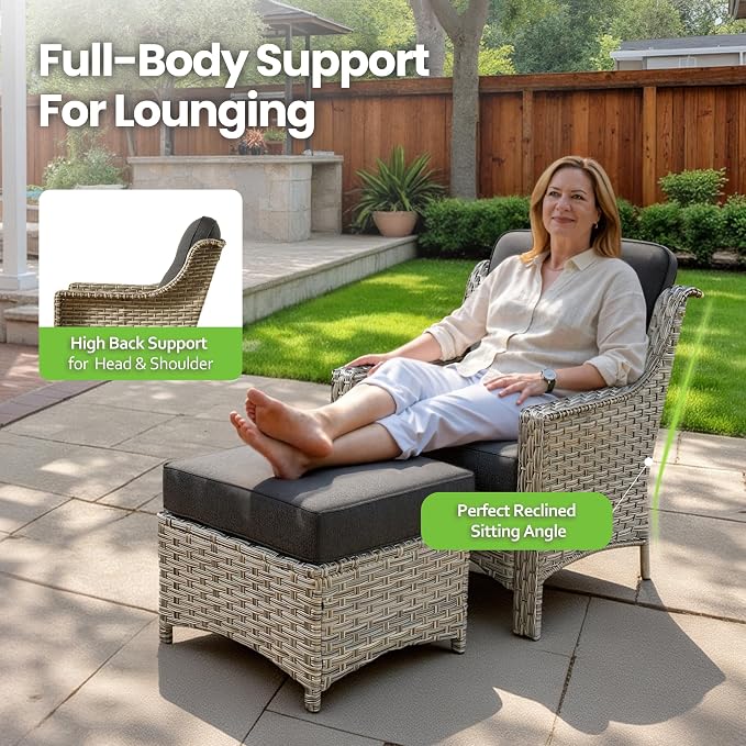 6 Piece Patio Furniture Set with Solar Lights Coffee Table, Outdoor Wicker High Back Sofa Chairs Ottomans with Cushions, All Weather Conversation Set for Backyard Porch Deck, Black