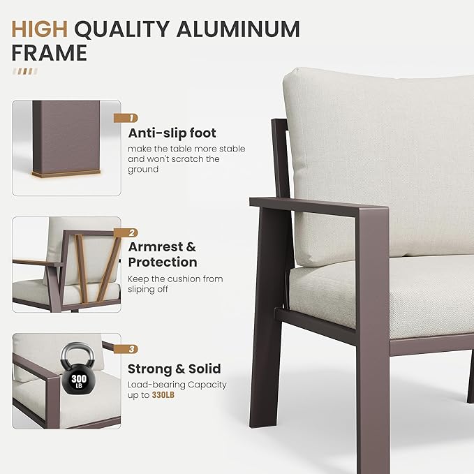 5-Piece Aluminum Patio Conversation Sets All-Weather Outdoor Furniture Sectional Sofa Modular Patio Set with 4'' Cushion Removable Covers for Porch Poolside Deck Balcony Yard
