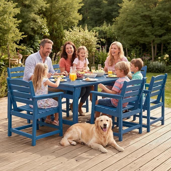 Furnimart Outdoor Dining Set for 6, 67" HDPE Dining Table and Chairs, All-Weather 7 Piece Patio Dining Set with Umbrella Hole, Outdoor Furniture Set for Backyard, Garden, Lawn & Poolside, Blue