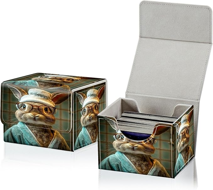Card Deck Box for MTG, Cards Storage Box Fits 120+ Sleeved, Leather Small Size Strong Magnetic Closing Card Case for Board Games Magic TCG CCG Baseball Collection, Glasses Rabbit