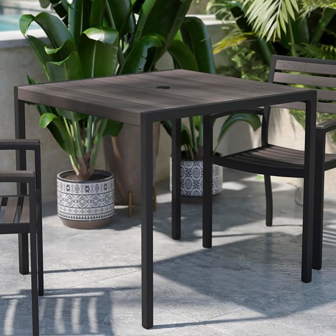 Flash Furniture Outdoor Steel Dining Table - Gray Wash Faux Teak Poly Slatted Top - Commercial Grade Dining Table with Black Frame - 35" Square - Umbrella Holder Hole