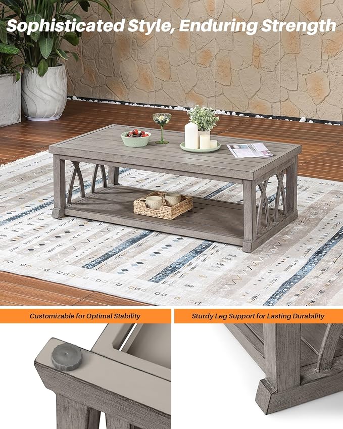 Aluminum Outdoor Coffee Table, 46" Rectangular Patio Coffee Table with Double Storage, Waterproof Aluminum Patio Furniture Tables with Adjustable Feet for Garden, Deck, Porch, Limed Oak