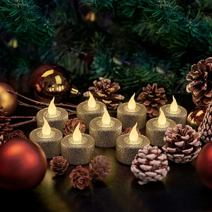 FURORA LIGHTING Champaign Gold Glitter LED Tealight Candles Pack of 12, Flameless Flickering Tealight Candles for Home Décor, 1.5’’(W) x 1.65’’(H), Battery Operated