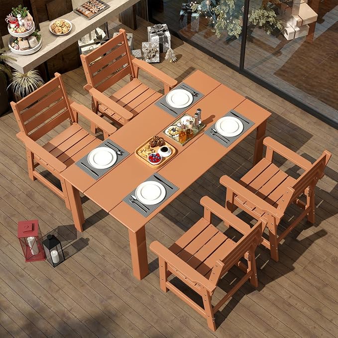 IVY&LANE Outdoor 7-Piece Dining Set for 6 | HDPE | 67’’ Rectangle Table and Chairs | Patio Furniture Sets | All Weather | Umbrella Hole | Teak | for Poolside Lawn Garden Backyard