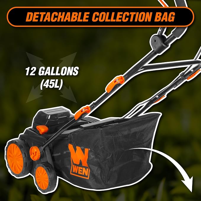 WEN 20V Max Cordless 15-Inch 2-in-1 Brushless Electric Dethatcher and Scarifier with Collection Bag, Two 4.0 Ah Batteries, and Dual-Port Charger (20716)