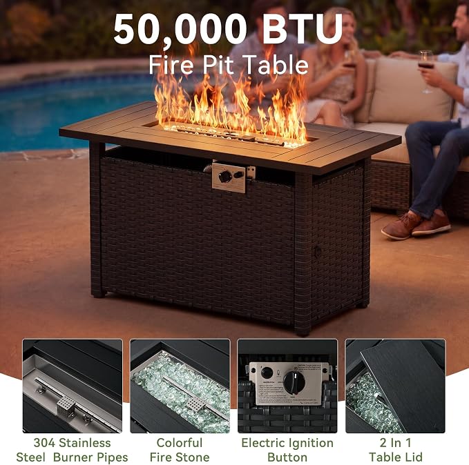 LazySunsets 10 PCS Patio Furniture Set with 44'' Fire Pit Table, Outdoor Sectional All-Weather Wicker Conversation Set with Swivel Rocker Chairs, 4'' Thick Cushions for Backyard Poolside(Cream/Black)