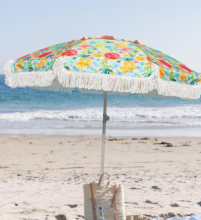 AMMSUN 6.5ft Beach Umbrella with Sand Anchor, Heavy Duty Windproof Beach Patio Umbrella with fringe Tilt & UPF 50+ Sun Protection, Carry Bag for Beach Pool Garden Backyard