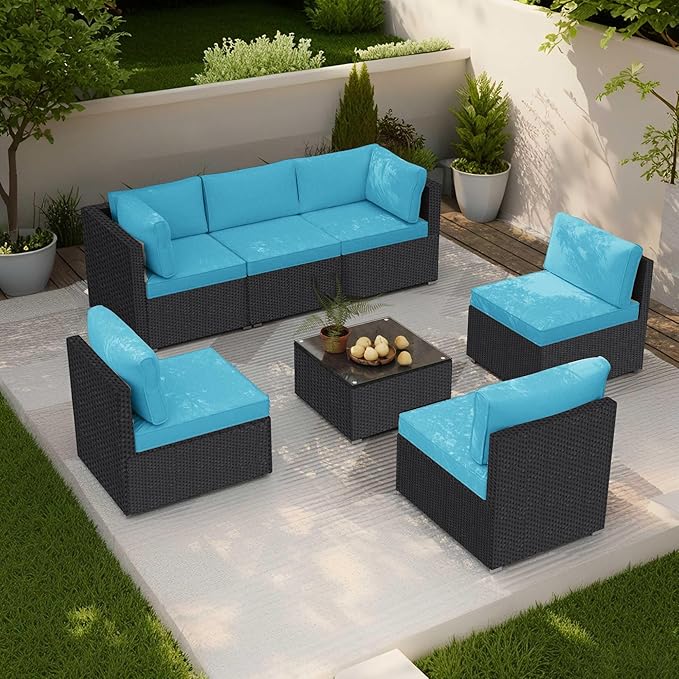 7-Piece Outdoor Patio Furniture Set – Handwoven All-Weather Rattan & 4” Thick Waterproof Cushions, Wicker Outdoor Conversation Sets with Coffee Table for Deck, Backyard, Garden, Black/Blue