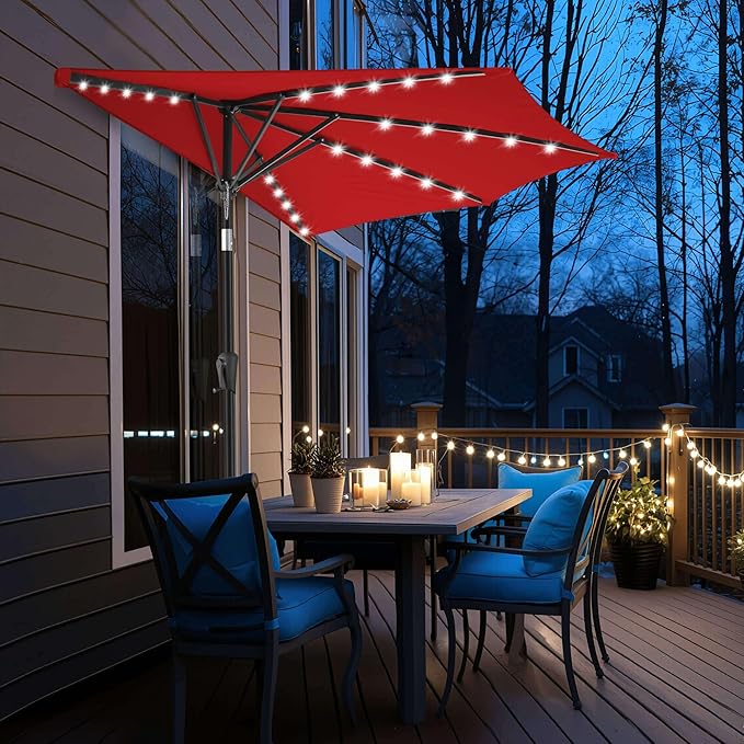9ft Solar Half Umbrellas Outdoor - LED Half Patio Umbrella with 25 Lights, UV Protection Waterproof, Half Round Umbrella for Wall Balcony, Pool, Porch, Garden, Deck, Backyard, Red
