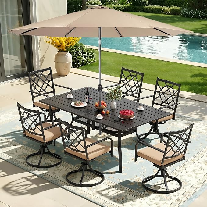 8 Piece Patio Dining Set Outdoor Furniture Set, Rectangular Metal Patio Dining Table with Umbrella Hole & 9FT Patio Umbrella 6 Swivel Dining Chairs for Garden Lawn Yard