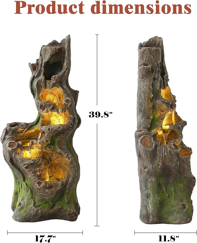 Tree Trunk Waterfall Fountain, Outdoor Water Fountains with LED Lights, Garden Outside Cascading Waterfalls, Rustic Hollow Tree Stump Fountain for Garden, Yard, Patio, Home Decor