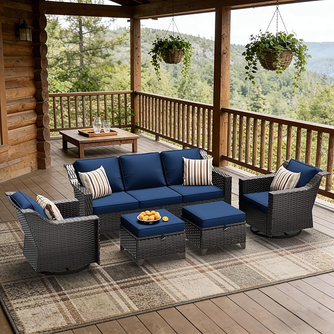 5 Pieces Patio Conversation Furniture Set - 1 Sofa, 2 Swivel Chairs, 2 Ottomans, Outdoor Wicker Furniture with Removable Cushions for Porch, Balcony, Sunroom (Blue)