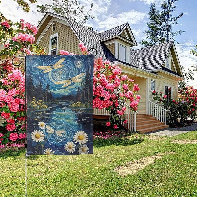 Night Dragonflies Garden Flag 12x18 Inch Double Sided All-Weather Polyester Outdoor Flag For Patio Lawn Yard And Garden Welcome Decor