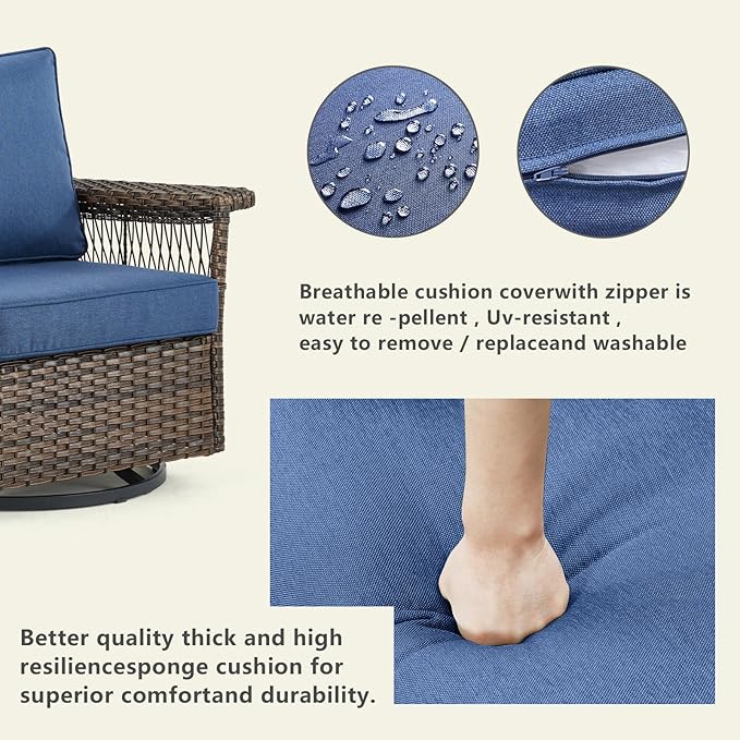 Outdoor Patio Rocking Swivel Chairs - 2PC Wicker Patio Furniture Rocker Chair Set,Rattan Glider Chair with Sturdy Frame,All-Weather PE Wicker and Cushions for Deck Porch Balcony(Brown/Blue)