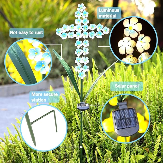 Solar Cross Garden Stake Outdoor Lights, 40 Inch Solar Powered Cross Lights Stake with 24 LED Decorative Flower Lights for Remembrance Gifts