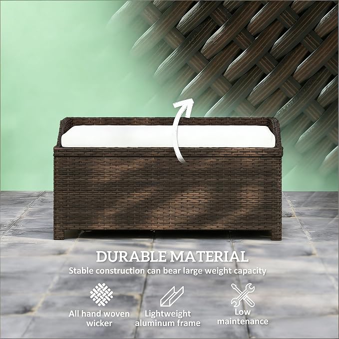 2-in-1 Outdoor Wicker Storage Bench & Outdoor Storage Box with Gas Struts- 34 Gallon Water-Resistant Deck Box,Splash-Proof Cushion & Removable Cover.Deep Coffee Rattan,Patio Storage Cabinet Solution