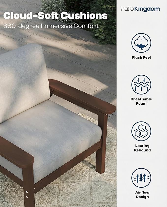 7 Piece Patio Conversation Sets, Outdoor Couch with Washable Thick Gray Cushions, HDPE Patio Furniture Set with 12FT Umbrella, Outdoor Sectional Furniture for Backyard (Brown Frame)