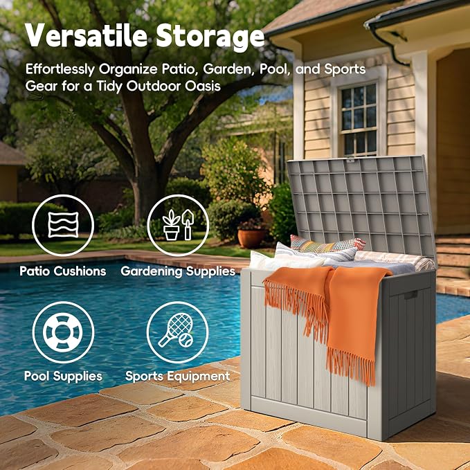 LubanNese Outdoor Storage Box, Waterproof Deck Box, Outdoor Patio Storage Bin, Weatherproof (Grey, 31 Gallon)