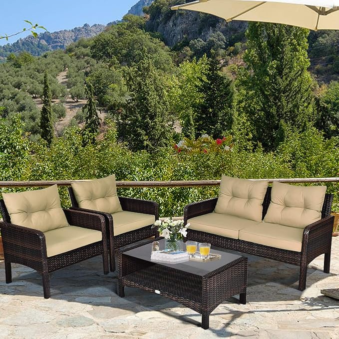 HAPPYGRILL 4-Piece Patio Furniture Outdoor Rattan Wicker Sofa Set with Cushions & Coffee Table with Tempered Glass Table Top and Storage Shelf