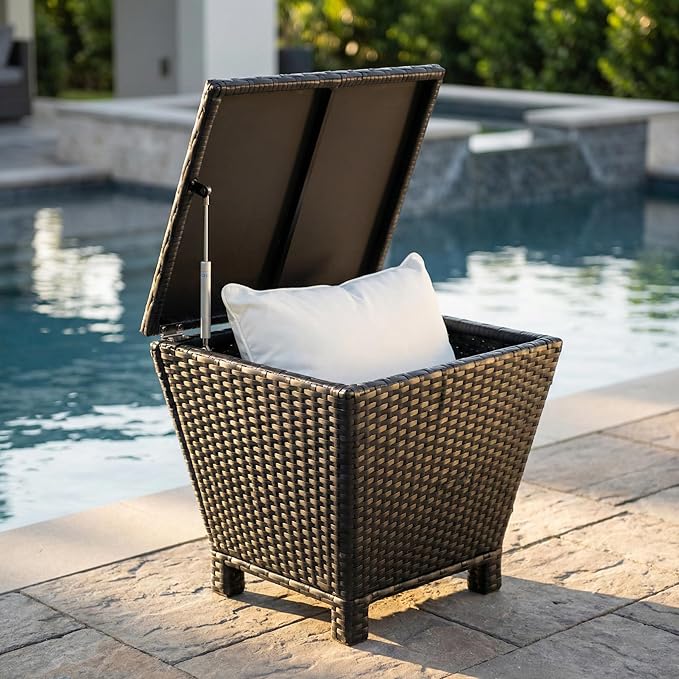 Outdoor PE Wicker Side Table with Storage, 13 Gallon Patio Storage Bin Container with Air Spring Lid, All-Weather Handwoven Rattan Coffee Table for Deck, Poolside & Garden, Black