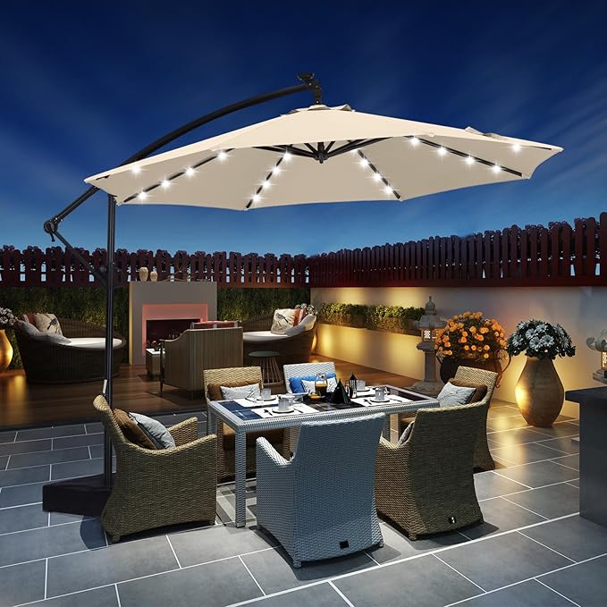ABCCANOPY 10 FT LED Patio Umbrellas Cantilever Umbrella with base, 360° Rotation Outdoor Lighted Offset Umbrella Bonus Fix Frame & Weights Bag for Backyard, Deck, Poolside (Light Beige)