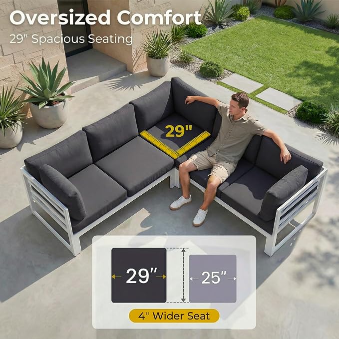 RADIATA 9 Pcs Modern Aluminum Outdoor Patio Furniture Set with Fire Pit Table Propane/Gas, Extra Large All-Weather Modular Sectional Couch, 29" Wide Deep Seating Conversation Sofa for Deck, Dark Grey