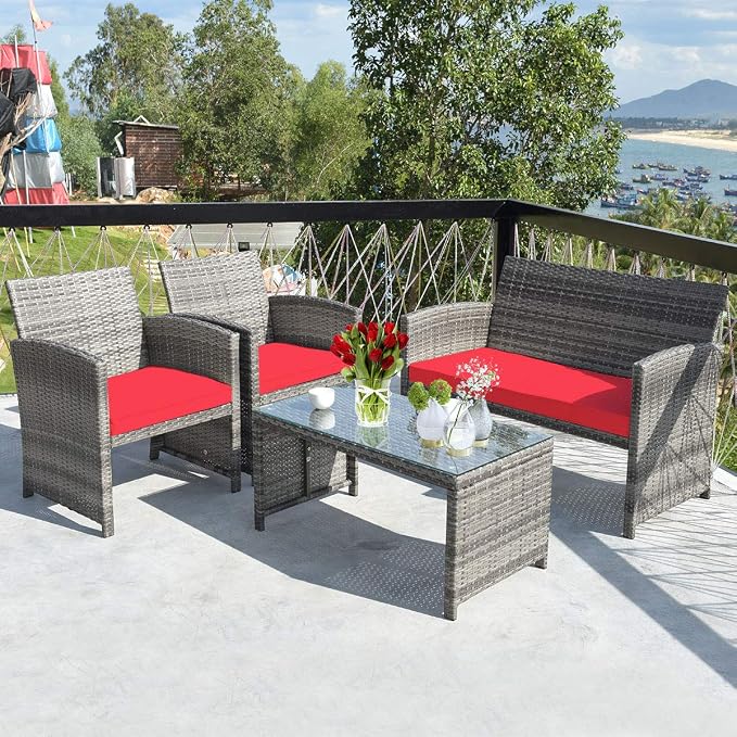 Outdoor Conversation Set, 4 Pieces Wicker Patio Furniture Set with Ergonomic Curved Design, Patio Chair Set with Water-Resistant Cushion & Tempered Glass Table for Porch, Poolside (Red)