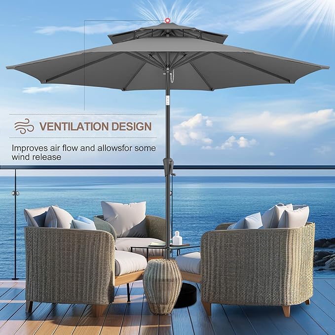 FLAME&SHADE 9ft Patio Umbrella - 2 Tiers Outdoor Umbrella with Push Button Tilt and Crank for UV Protection, Table Market Umbrella for Garden, Deck, Backyard, Pool and Beach(Anthracite)