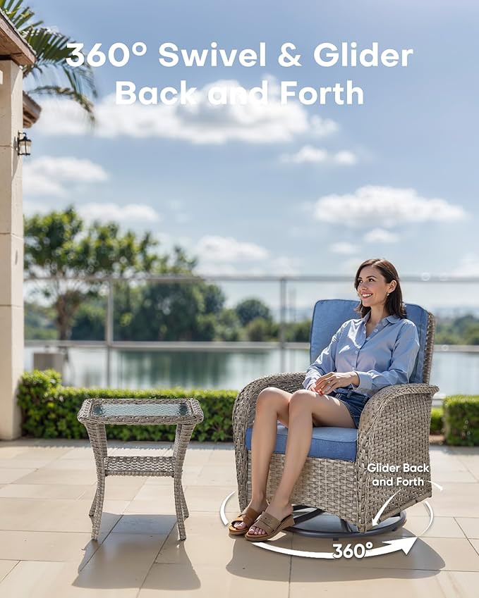 10-Piece Patio Furniture Set-Patio Rocking Chairs Set of 4 Outdoor Rattan Sofa Sets with Coffee Table Outdoor Patio Furniture Sets for Deck Porch Garden Balcony Poolside-Grey/Blue