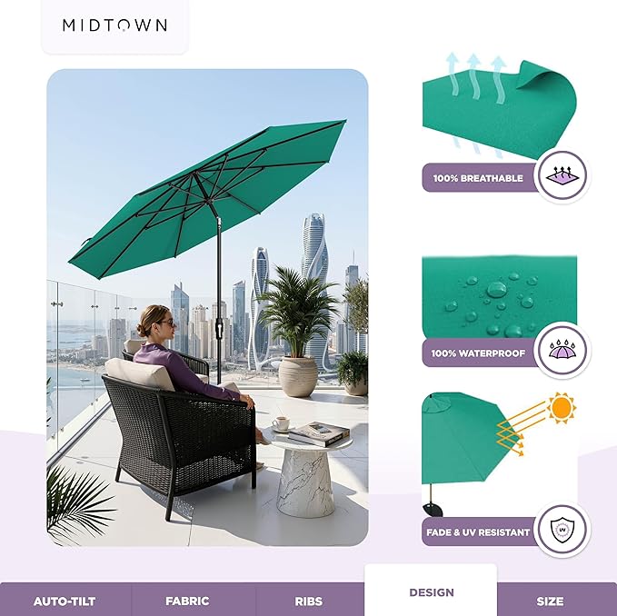 Midtown Umbrellas – The Swilt 10 Ft Patio Umbrella with 360° Swivel & Tilt Mechanism, Sunbrella Fabric & 8 Fiberglass Ribs – Outdoor Umbrella for Deck, Pool & Cafes – Canvas Teal Canopy, Black Pole