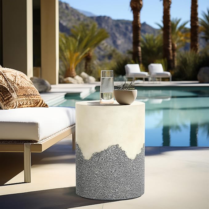 LuxenHome Gray and Cream Round Outdoor Side Table 18 Inch End Tables for Patio, Garden Small Accent Decorative Stool, Plant Stand Drum Table Indoor and Outdoor
