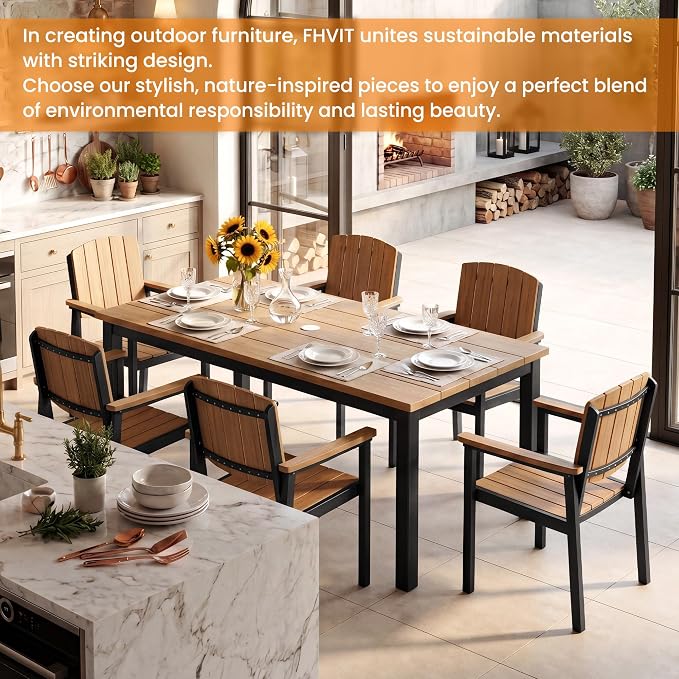 Outdoor Dining Chairs Set of 2, Aluminum Patio Dining Chairs with Armrest for Ergonomic Design, Aluminum Frame HDPS Faux Wood, All Weather Outdoor Furniture for Garden and Indoor Nature Wood
