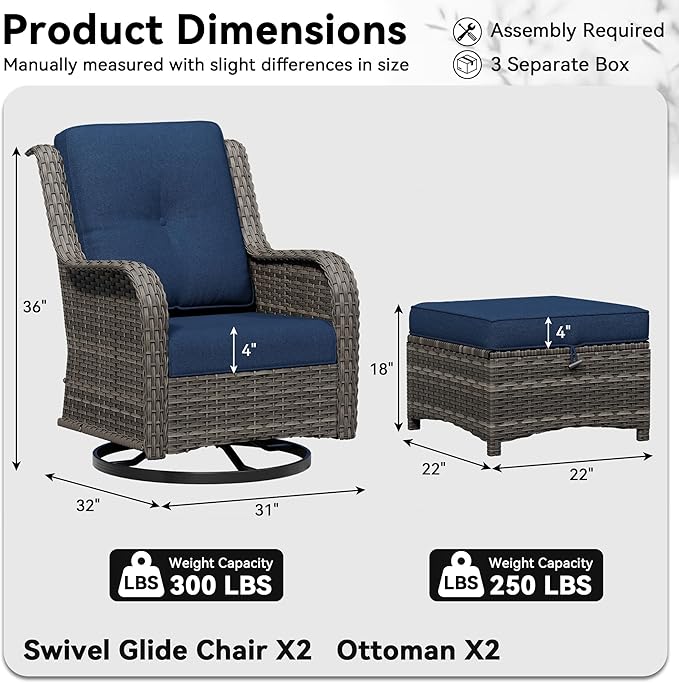 4 Piece Outdoor Wicker Patio Furniture Set, Outdoor Swivel Rocker Patio Chairs Set with Thickened Olefin Cushions, High Back and Deep Seating, Hand-Woven PE Rattan, Ottoman for Porch, Deck